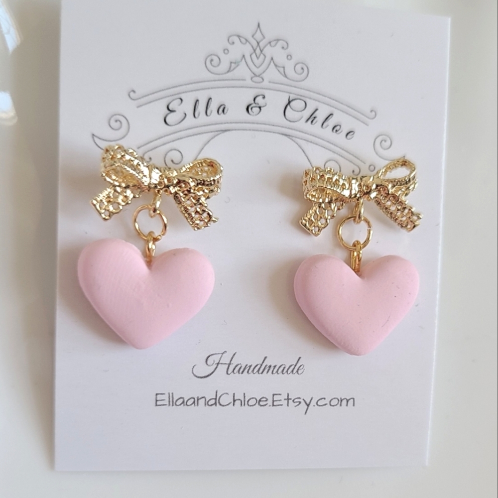 Adorable Gold Plated Bow Polymer Clay Puffy Heart Valentine Drop Dangle Earrings